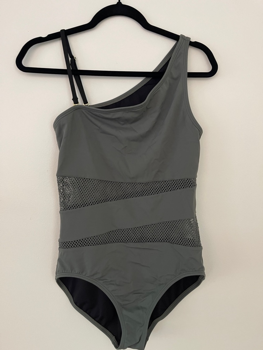 Carmen Marc Valvo Asymmetric Olive Green Mesh One-Piece Swimsuit